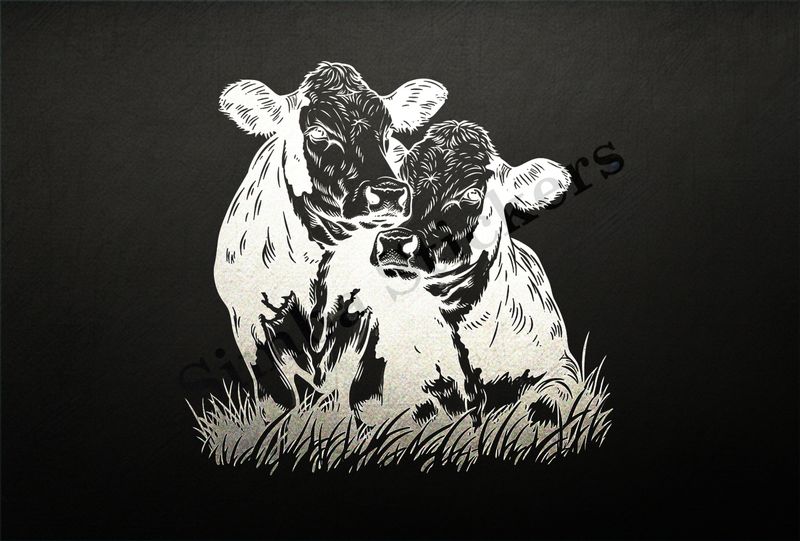 Bull and cow in love in the grass, outline art