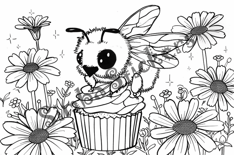 Colouring pages, bundle of bees around food, 10 images