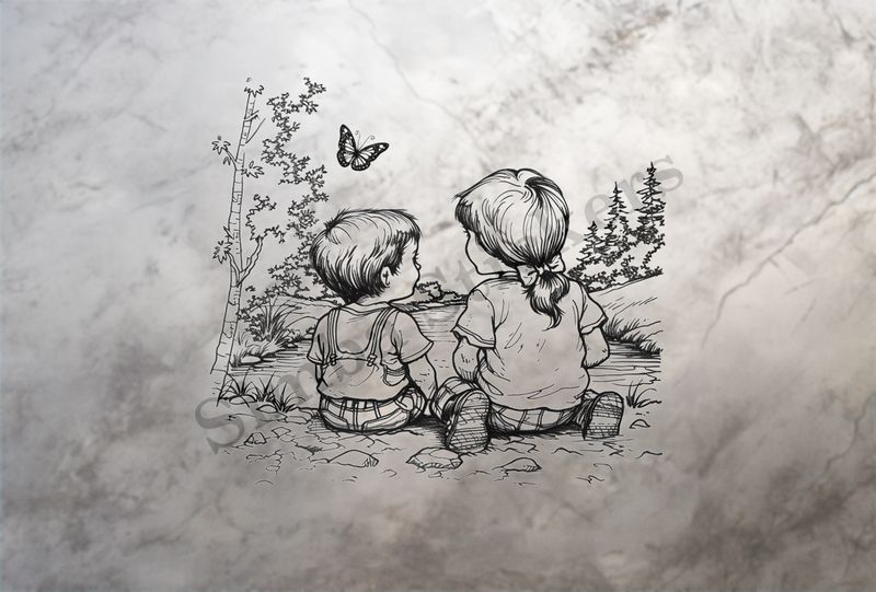 Boy and girl sitting at one end of a pond, outline art