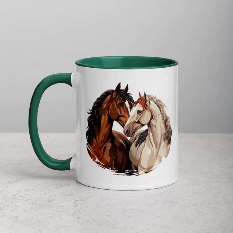 White Ceramic Mug with Color Inside, 11&amp;15oz, Horses nose-to-nose, jbgjpy