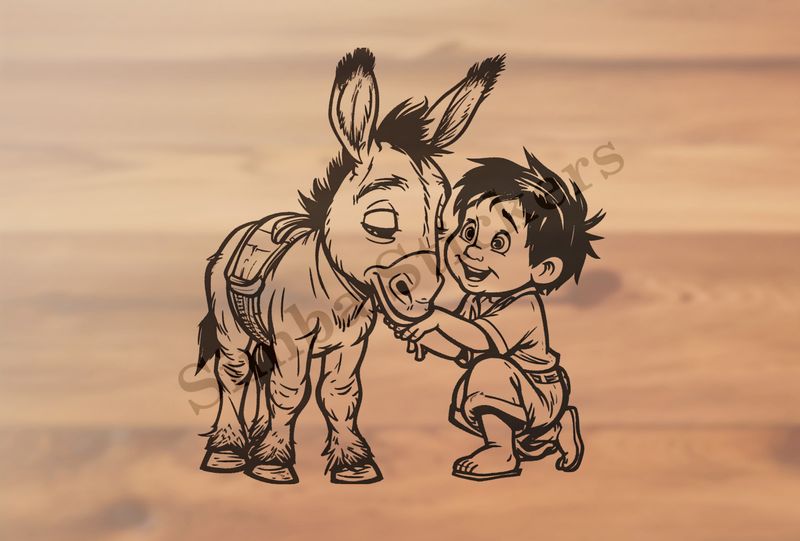 Donkey child pat on the chin by a small boy, outline art