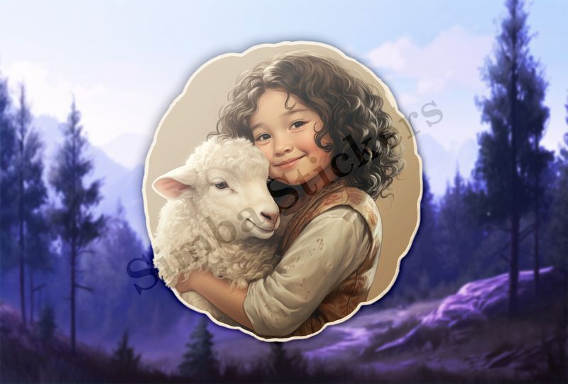 Sheep hugged by smiling girl of Asian origin, vintage