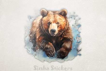Bear running in and splashing water, watercolour, on3gih