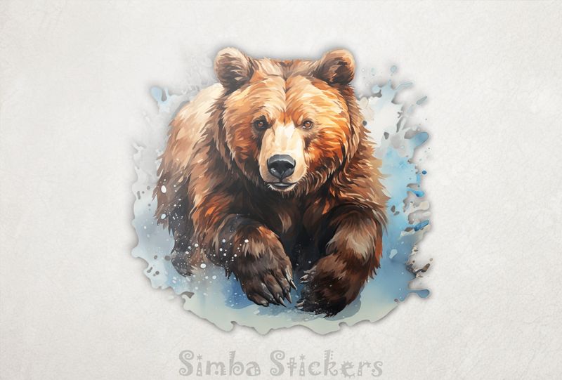 Bear running in and splashing water, watercolour, on3gih