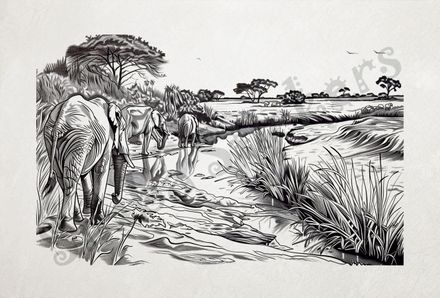 African Savanna landscape, with elephant train, outline art