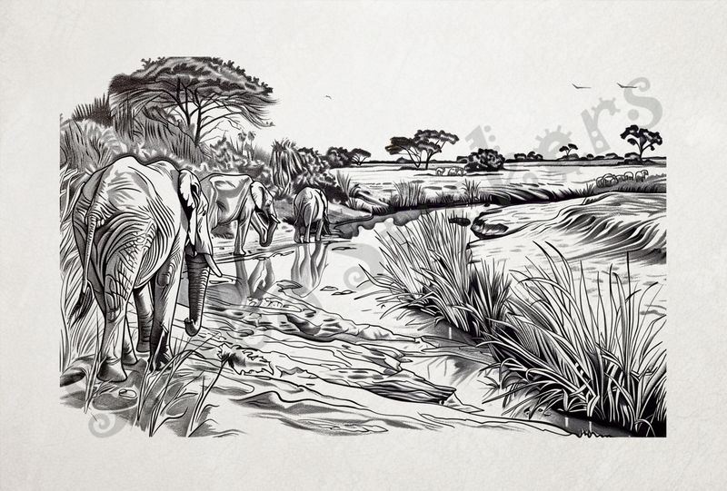 African Savanna landscape, with elephant train, outline art
