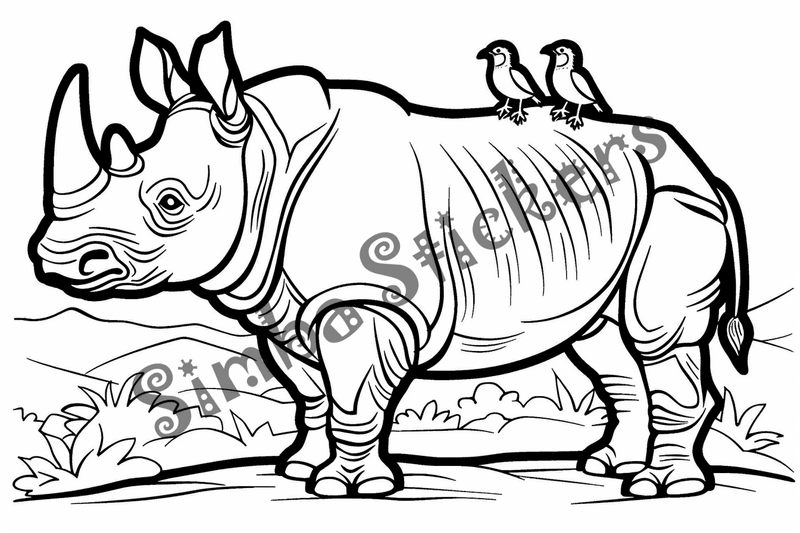Colouring pages, bundle of rhinos with birds on back, 10 images