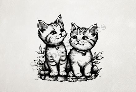 Romantic cat kittens, outline art