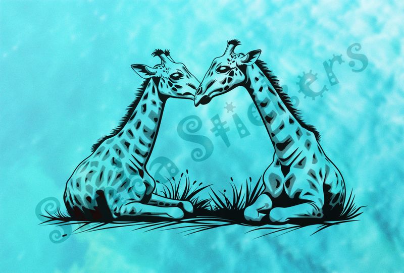 Giraffes nose-to-nose sitting in the Savanna, outline art
