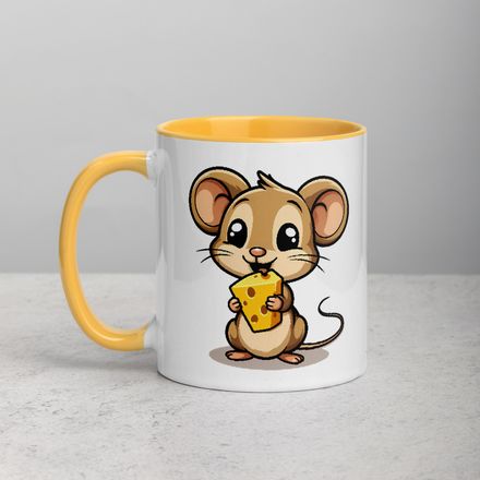 White Ceramic Mug with Color Inside,11&amp;15oz,Small Mouse happily licking large chunk of cheese,pqapy6