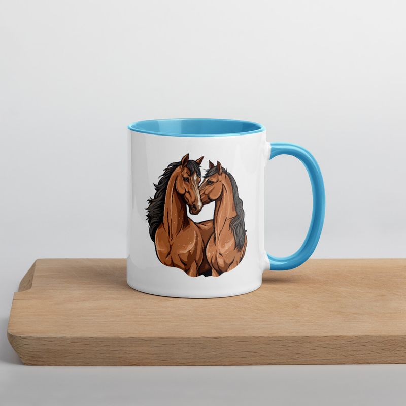 White Ceramic Mug with Color Inside, 11&amp;15oz, Two brown horses snuggling, tdwcyd
