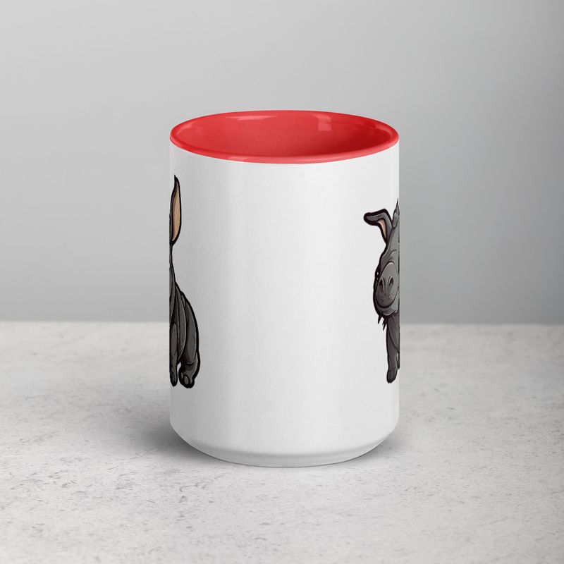 White Ceramic Mug with Color Inside, 11oz &amp; 15oz, Black rhino calf looking cute 