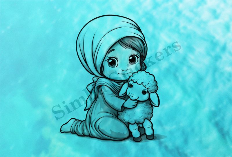 Lamb hugged by small Mediterranean girl in a veil, outline art
