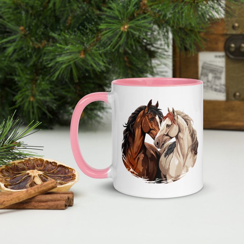 White Ceramic Mug with Color Inside, 11&amp;15oz, Horses nose-to-nose, jbgjpy