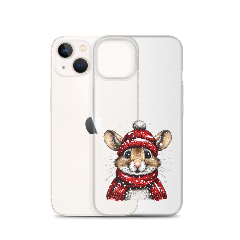 Clear Case for iPhone, Mouse wearing red winter hat and scarf in the snow, xg8dl3