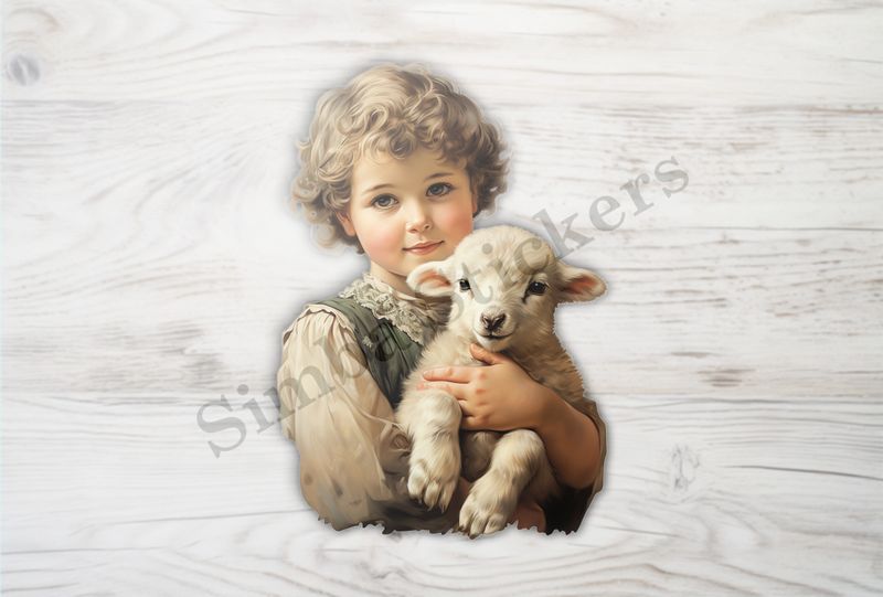 Cute lamb in the arms of a small boy, vintage