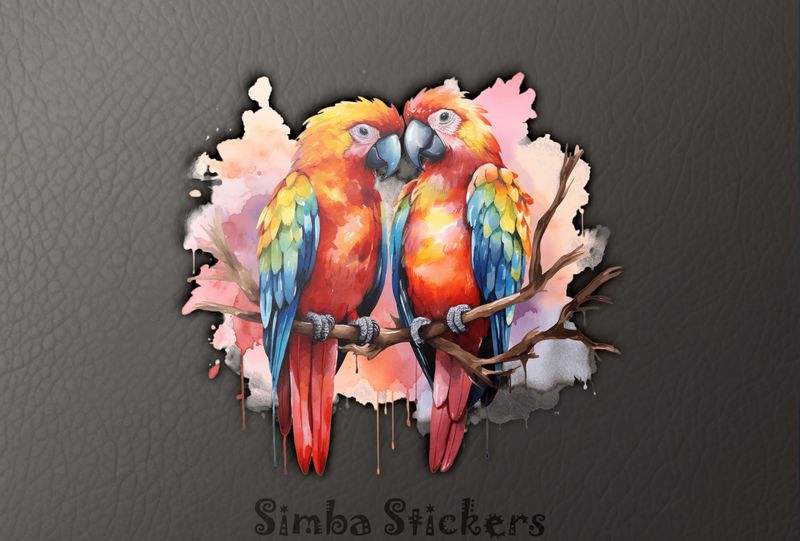 Parrots in love perching nose-to-nose in pinkish background, watercolour, cpi3i9