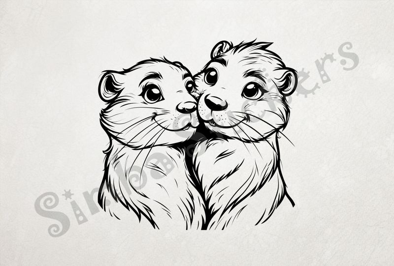 Beavers smiling and cuccling cheek-to-cheek, outline art