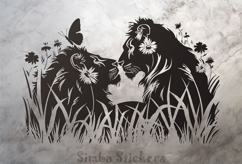 Male lion nose-to-nose with lioness, outline art, 1osfyq