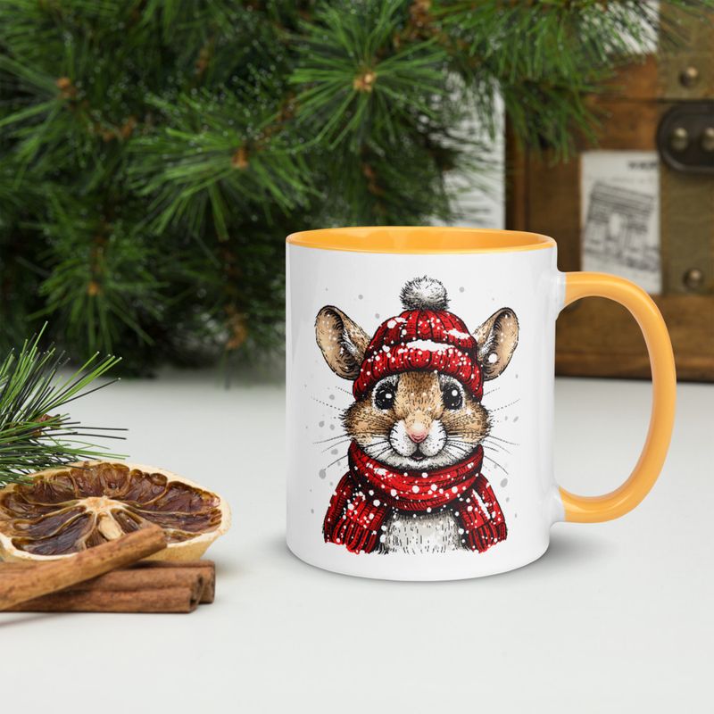 White Ceramic Mug with Color Inside, 11&amp;15oz, Mouse wearing red winter hat and scarf in snow, xg8dl3