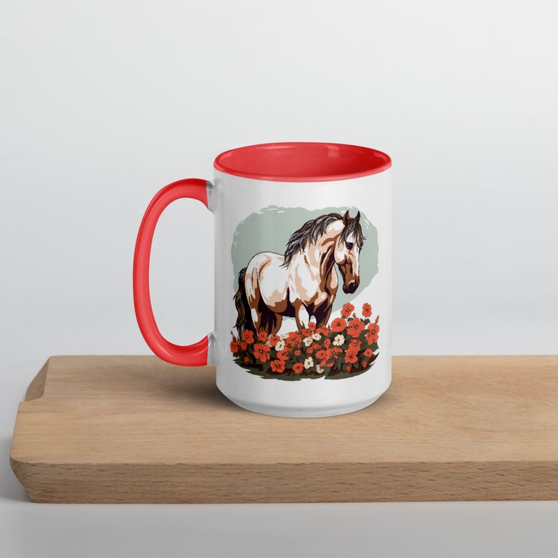 White Ceramic Mug with Color Inside, 11&amp;15oz, Brown horse in field of red flowers, n4w2fj