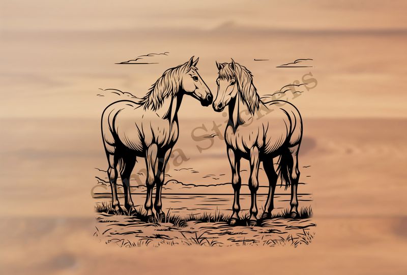 Horses in love, standing, outline art