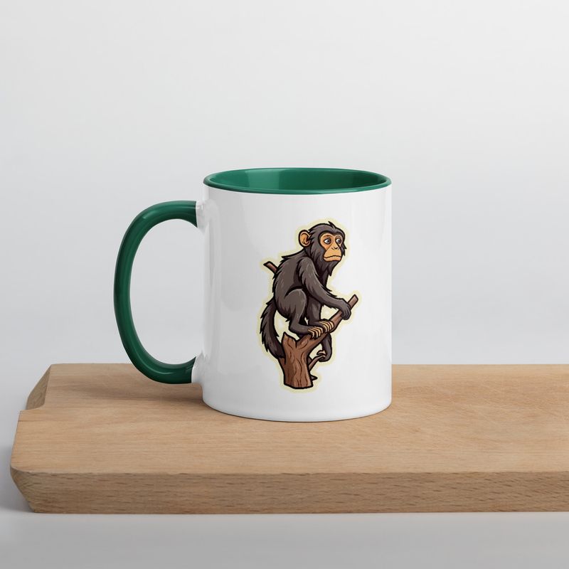 White Ceramic Mug with Color Inside, 11oz &amp; 15oz, Baboon on a tree, looking sad, head-to-head