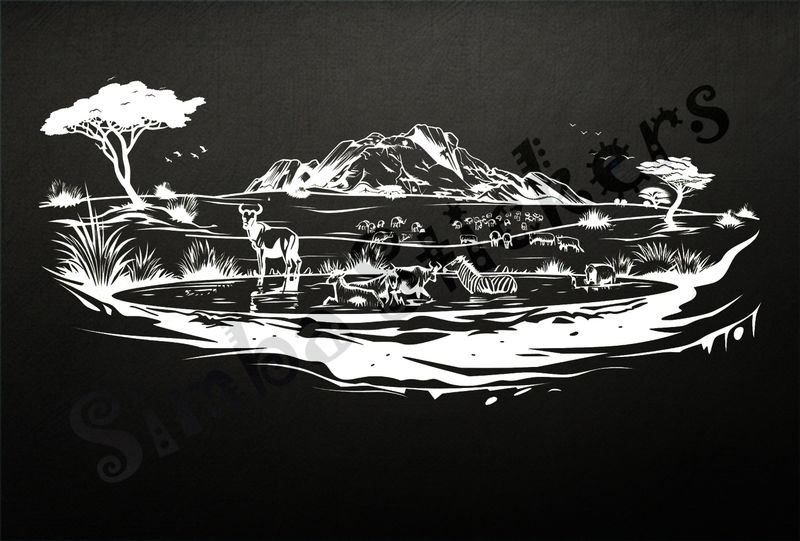 African Savanna landscape, animals at pond, outline art