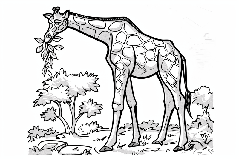 Colouring pages, bundle of giraffes towering above trees and shrubs, 10 images