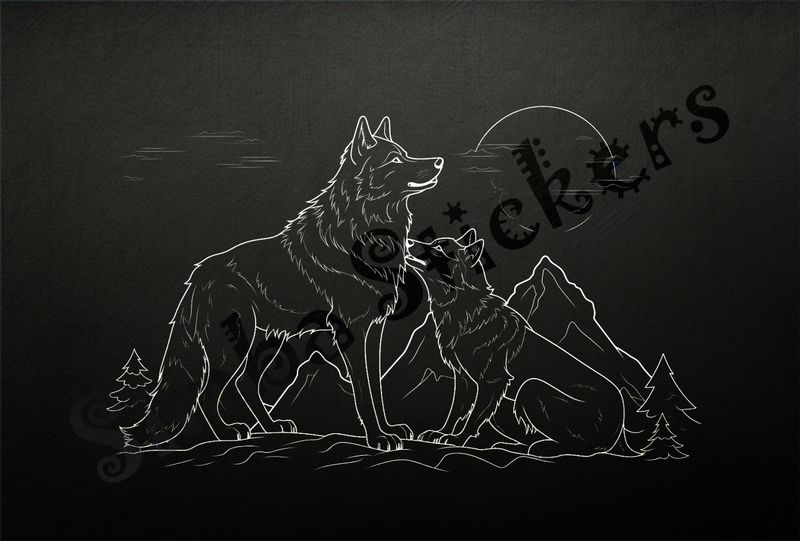 Wolves nose-to-nose under bright moon, outline art