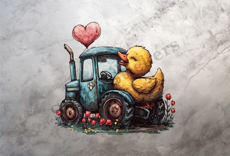 Duckling sitting appreciatingly on farmer&#x27;s tractor
