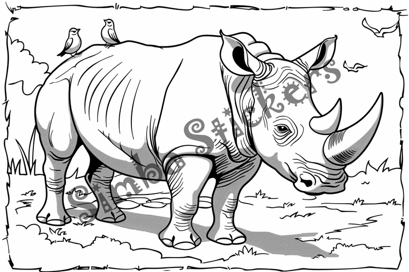 Colouring pages, bundle of rhinos with birds on back, 10 images
