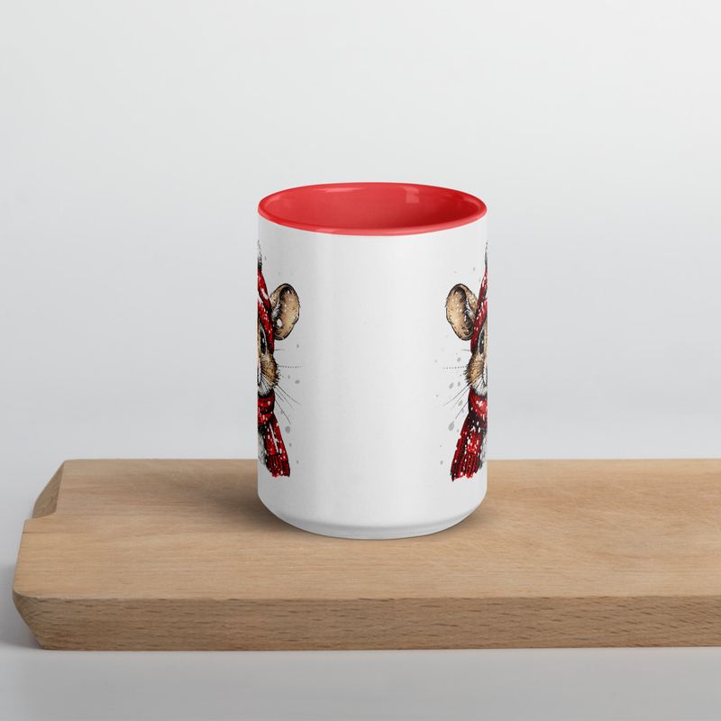 White Ceramic Mug with Color Inside, 11&amp;15oz, Mouse wearing red winter hat and scarf in snow, xg8dl3