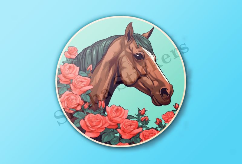 Brown horse smelling roses