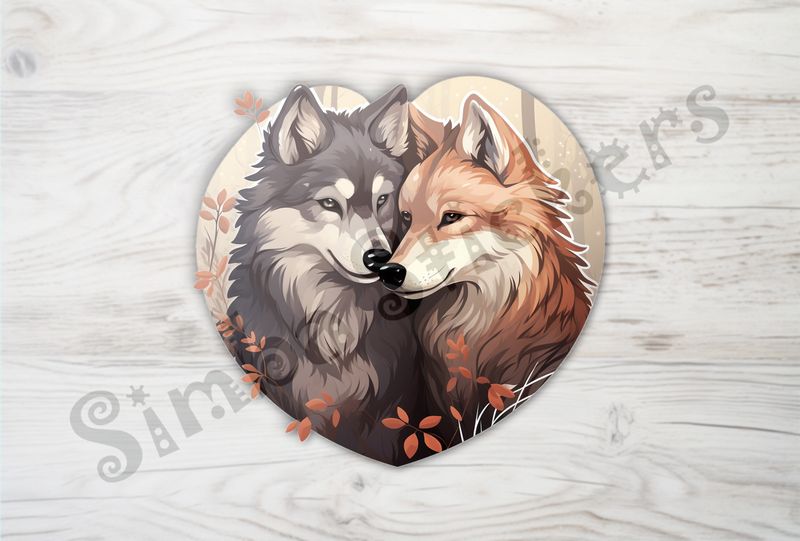 Wolves in love, cuddling, in heart shape