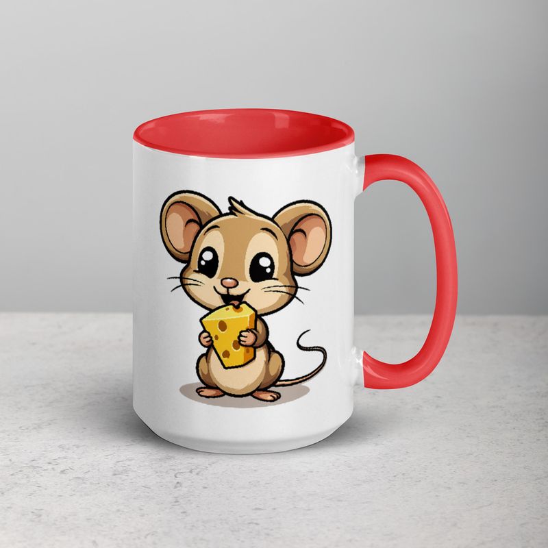 White Ceramic Mug with Color Inside,11&amp;15oz,Small Mouse happily licking large chunk of cheese,pqapy6
