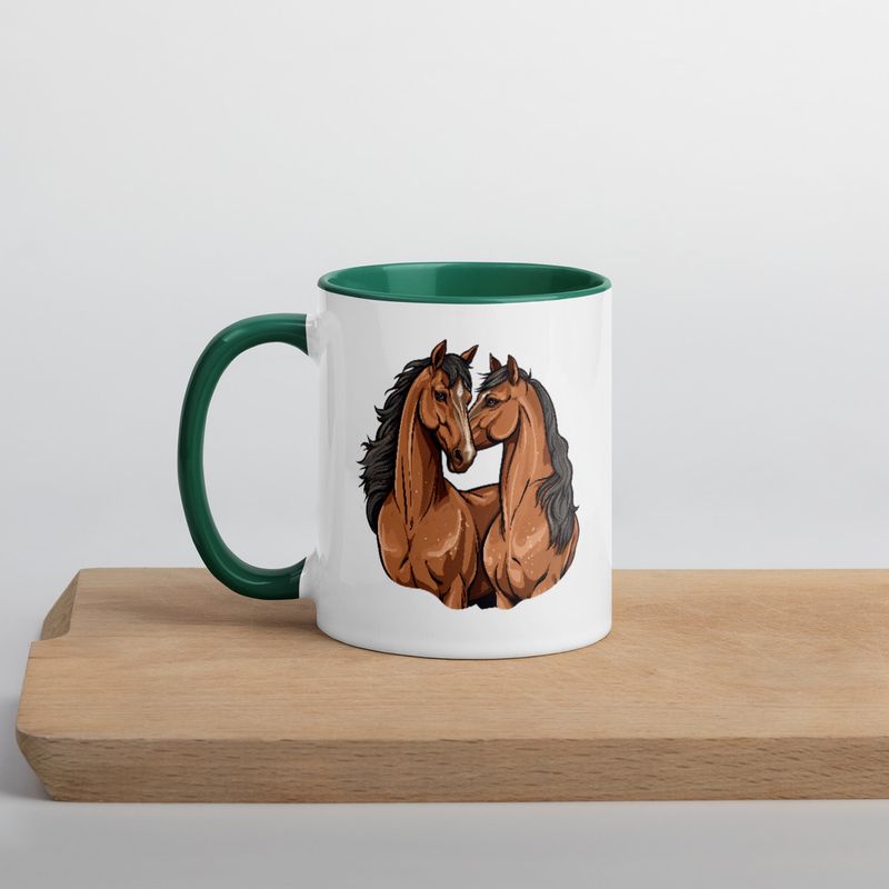 White Ceramic Mug with Color Inside, 11&amp;15oz, Two brown horses snuggling, tdwcyd