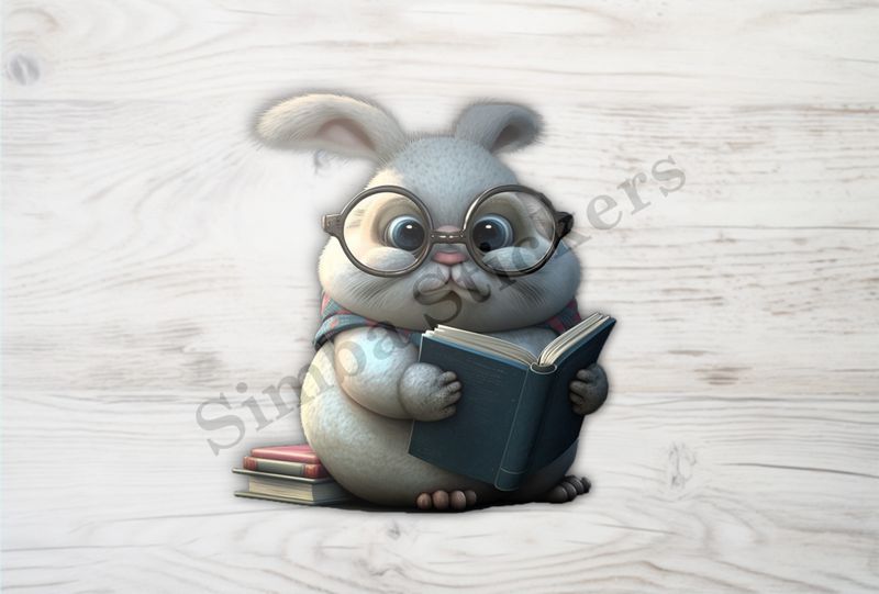 Chubby bunny in glasses holding a book