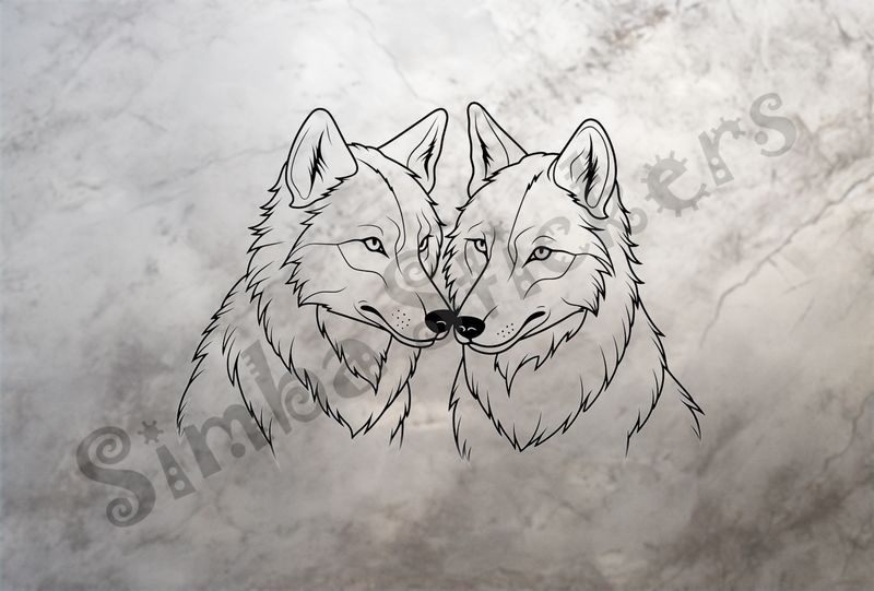 Wolves nose-to-nose in love, outline art