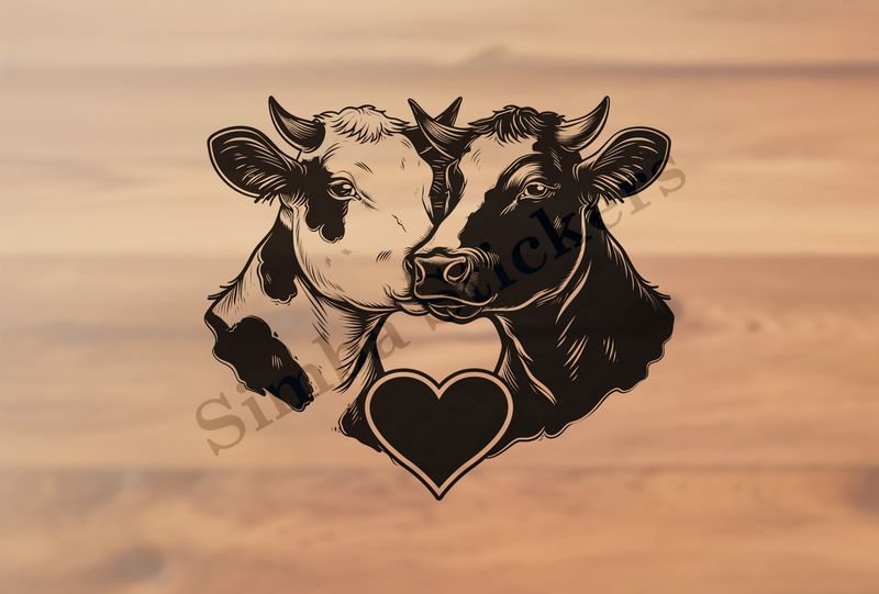 Cattle  cheek-to-cheek, heart in picture, outline art