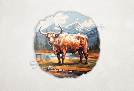 Bull grazing, mountains in background, oil painting
