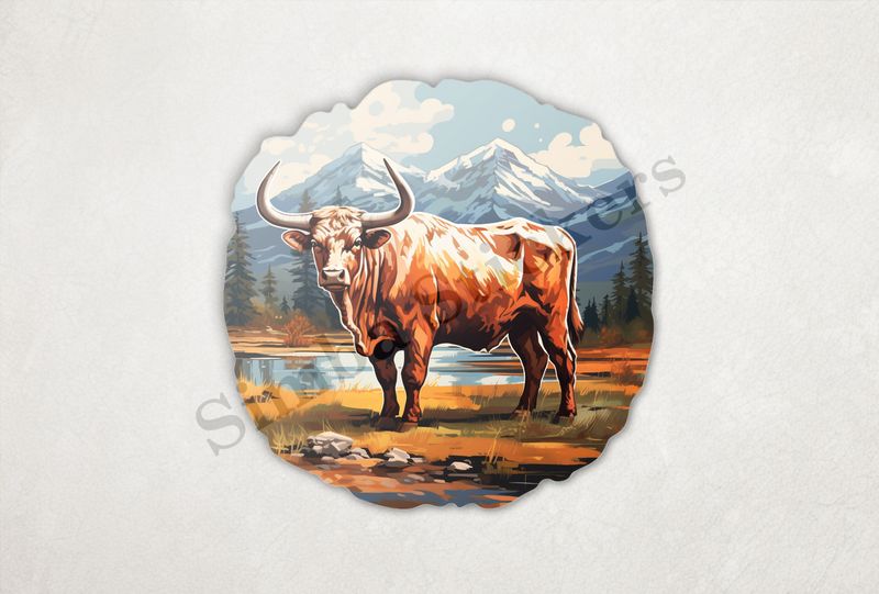Bull grazing, mountains in background, oil painting
