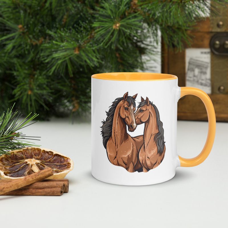 White Ceramic Mug with Color Inside, 11&amp;15oz, Two brown horses snuggling, tdwcyd