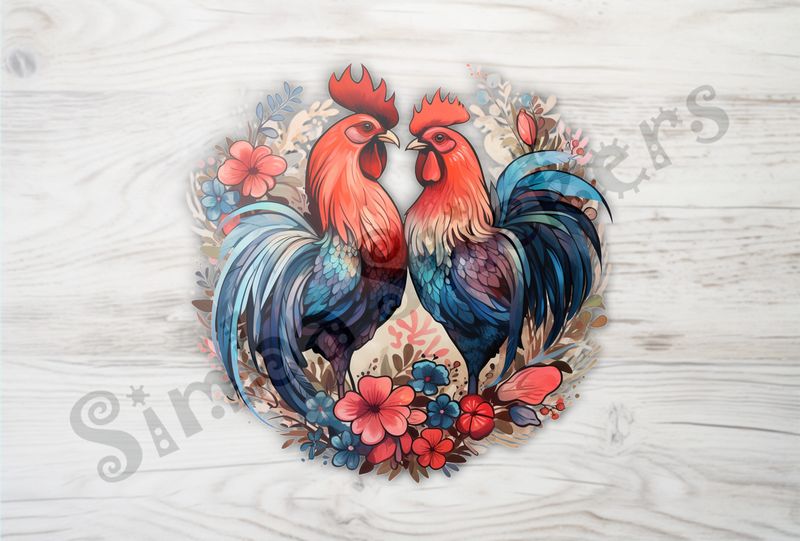 Cock and hen in love, flowers all over, watercolour