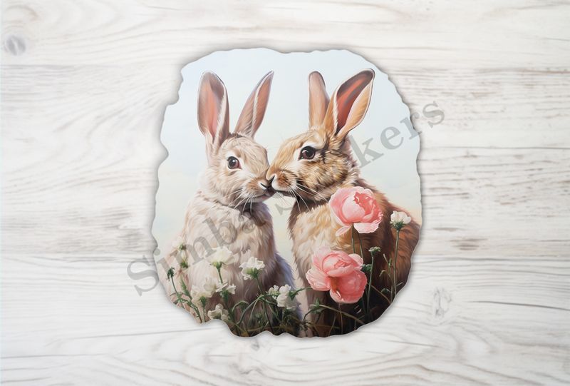 Rabbits in love , nose-to-nose, pink flowers
