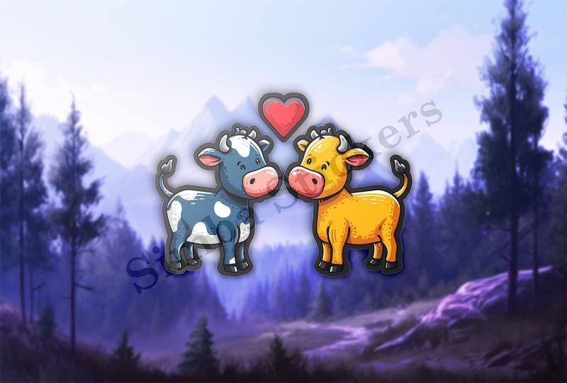 Cattle, bull and cow in love, colourful , heart in picture 
