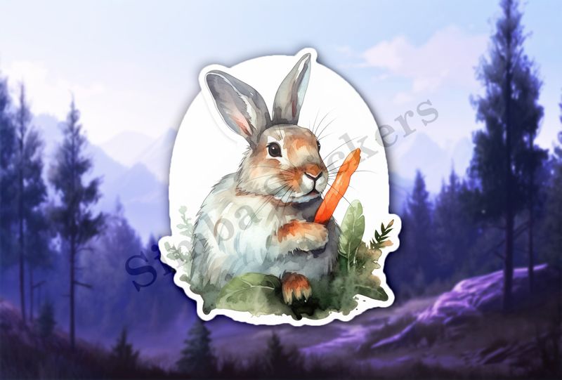 Rabbit holding a carrot, watercolour