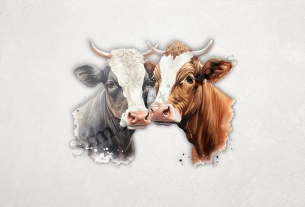 Cows, black and brown,  nose-to-nose, watercolour