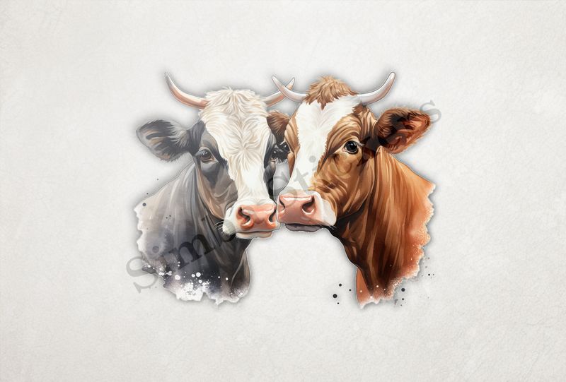Cows, black and brown,  nose-to-nose, watercolour