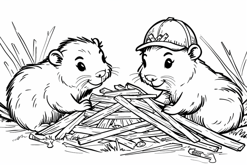 Colouring pages, bundle of beavers building beaver dam, 10 images